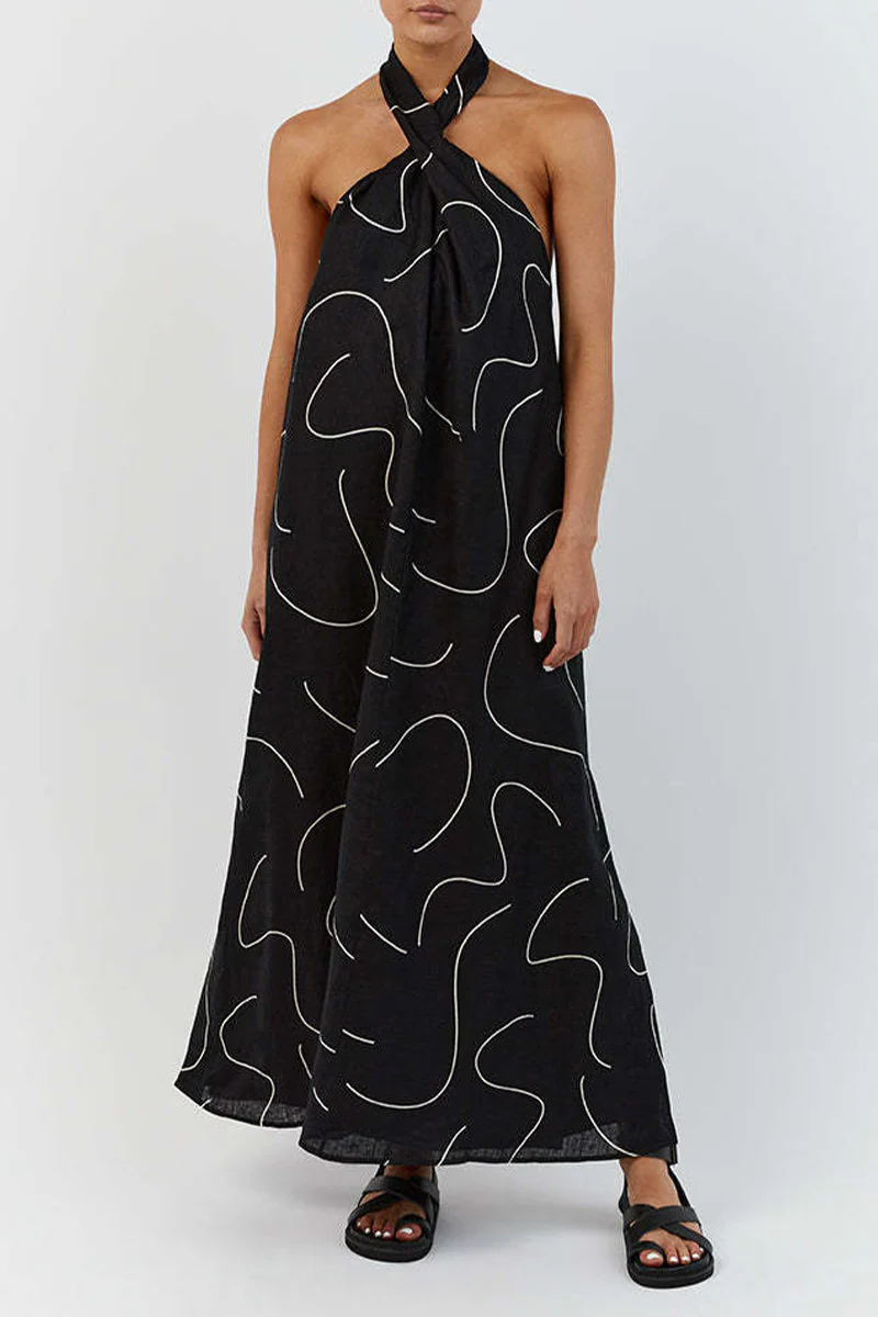 Casual Geometric Print Frenulum Halter Sleeveless Dress Dresses - Panekey