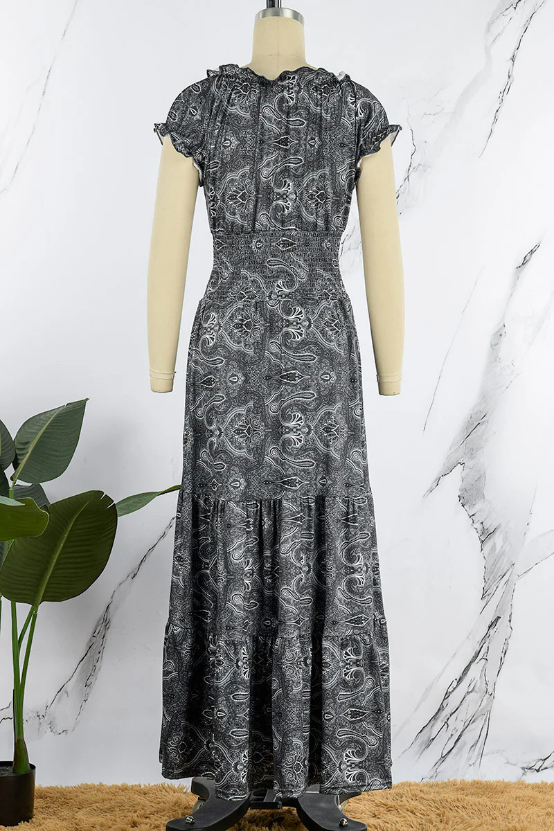 Bohemian College Print Fold V Neck A Line Dresses(6 Colors) - Panekey