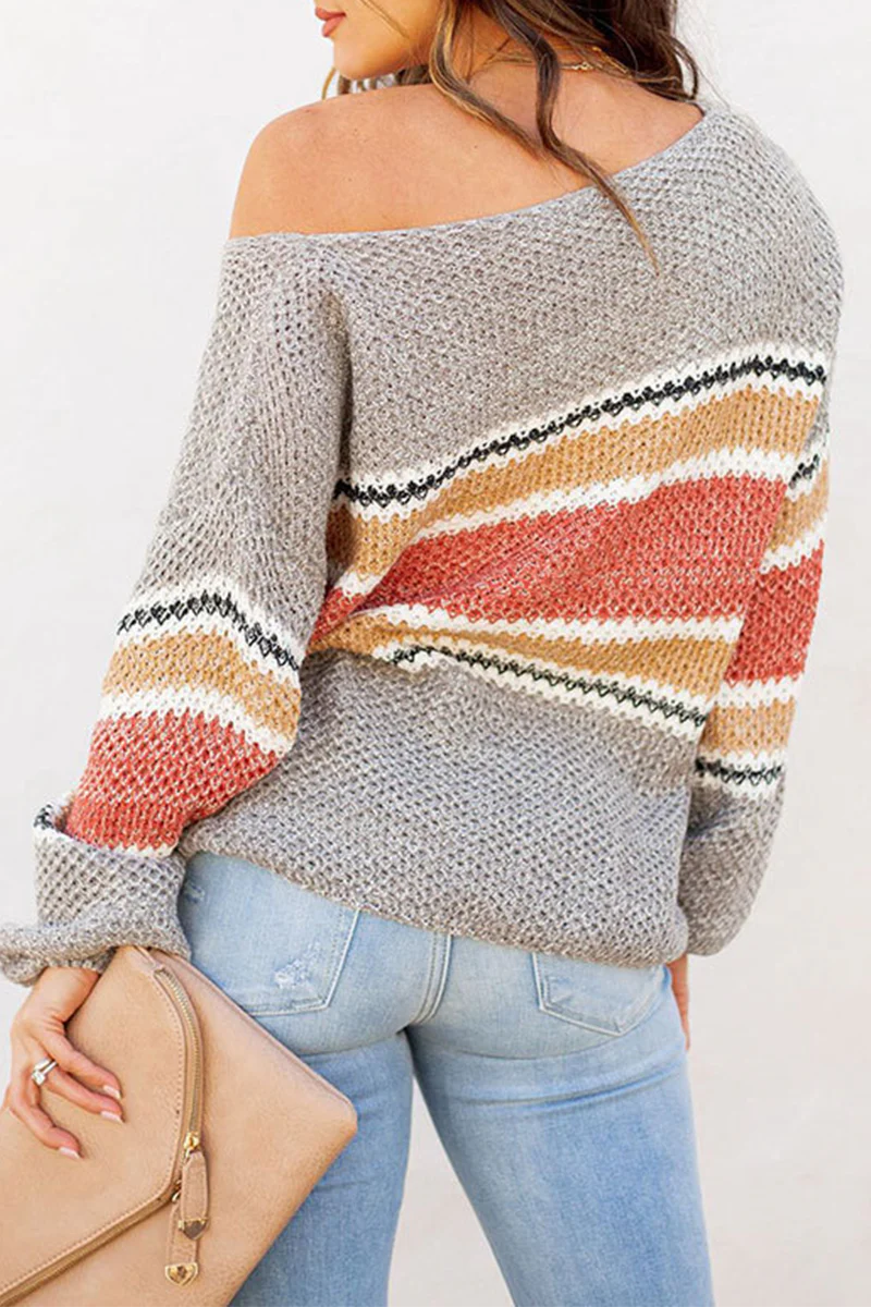 Casual Patchwork Hollowed Out  Contrast O Neck Tops Sweater - Panekey