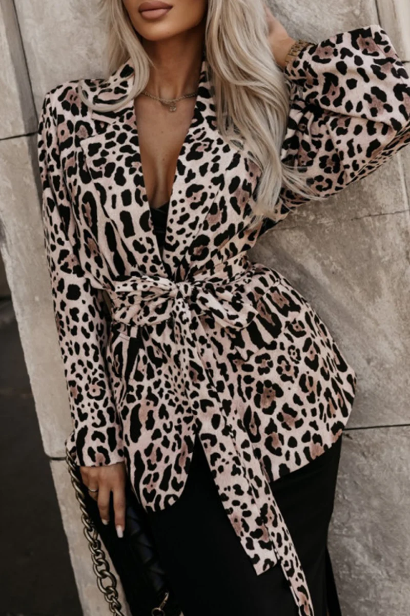Casual Flowers Leopard Lace Up Turn-back Collar Outerwear(3 Colors) - Panekey
