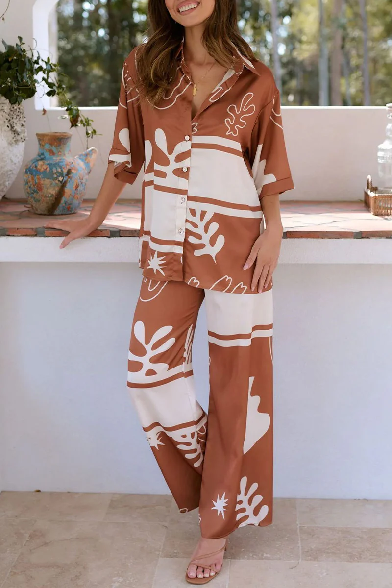 Casual Daily Geometric Print Buttons Turndown Collar Short Sleeve Two Pieces - Panekey