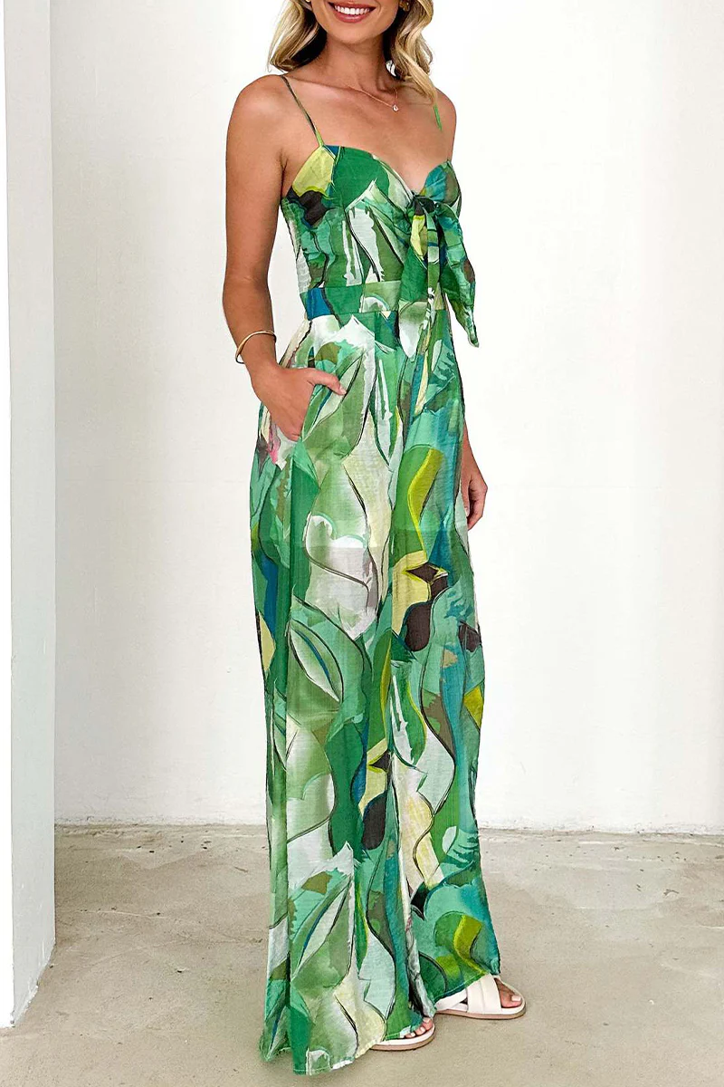 Casual Floral Print Pocket Contrast V Neck Loose Jumpsuits - Panekey