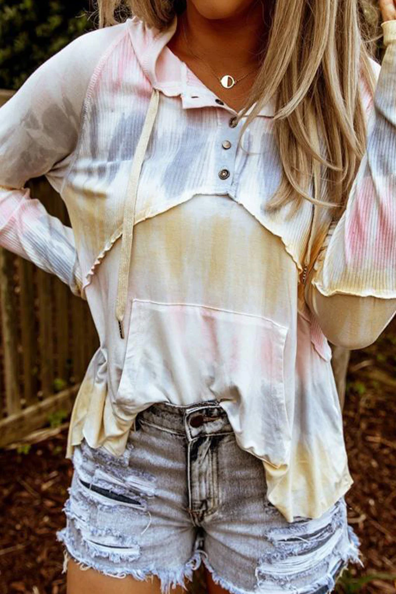Casual Patchwork Tie-dye Hooded Collar Tops - Panekey