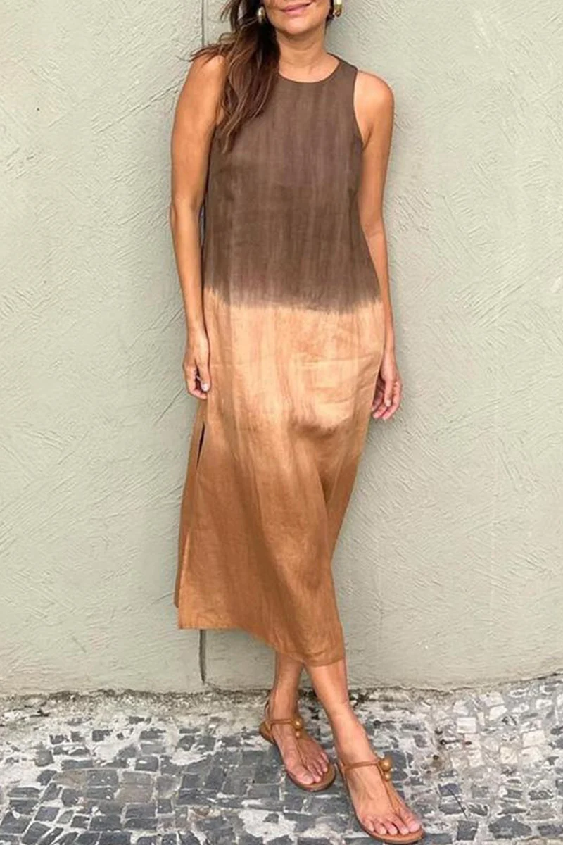 Casual Gradient Slit O Neck Long Dresses(8 Colors) - Panekey