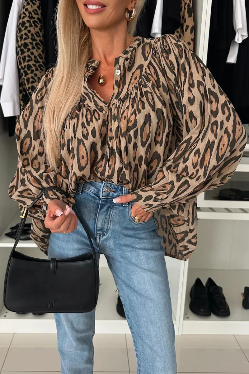 Casual Leopard Buttons Ruched O Neck Blouses - Panekey