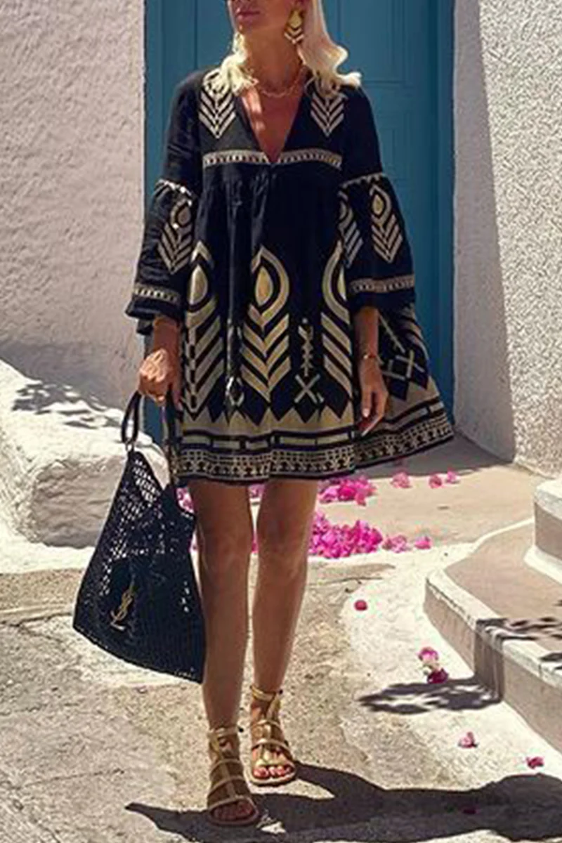 Casual Geometric Print V Neck A Line Dresses - Panekey