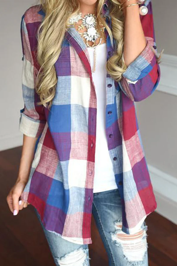 Casual Plaid Pocket Buckle Turndown Collar Tops - Panekey