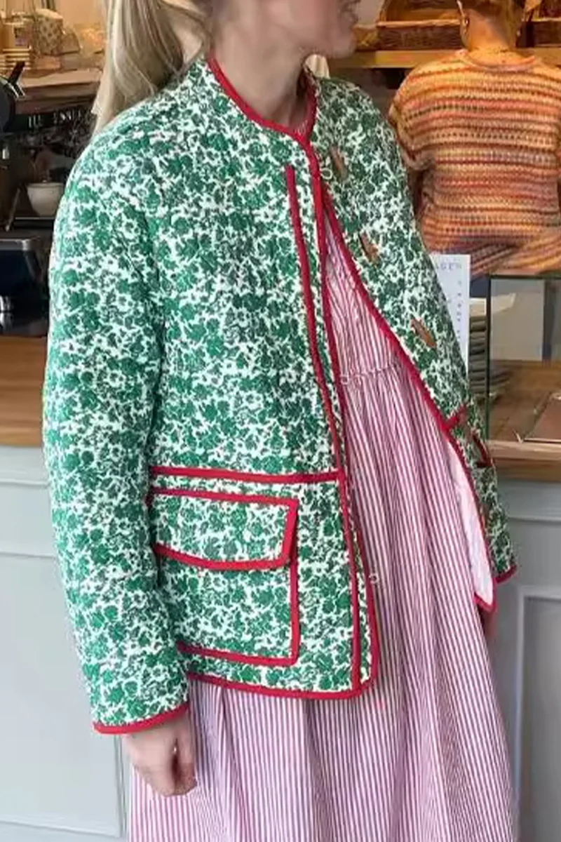 Casual Flowers Print Pocket Patchwork Contrast O Neck Outerwear - Panekey