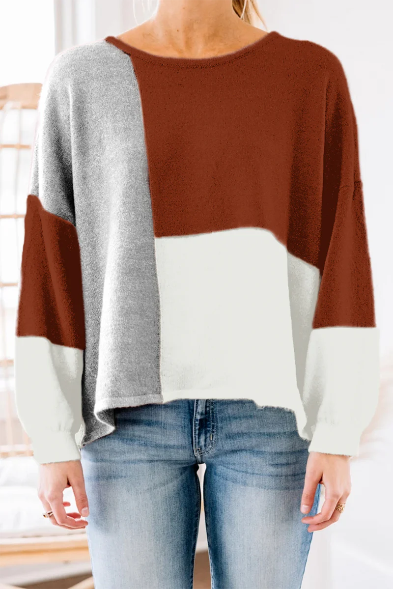 Casual Patchwork  Contrast O Neck Tops Sweater - Panekey
