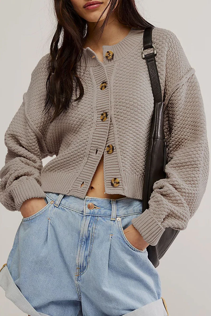 Casual Daily Solid Color Buttons Weave O Neck Outerwear(5 Colors) - Panekey