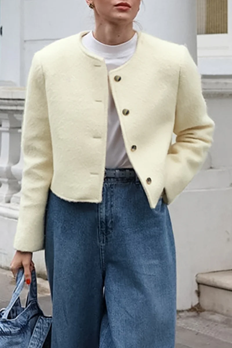 Casual Daily Solid Color Buttons O Neck Outerwear - Panekey